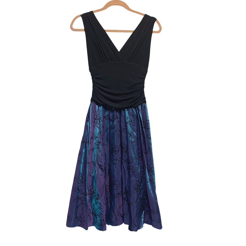 NWT Fairy Elegant Party Dress Womens 4P Black Blue Iridescent Taffeta Floral